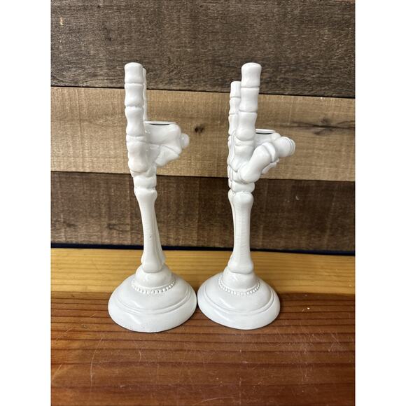Hyde & EEK Skeleton Hand Candle Holder 9" White Resin Spooky Set Of 2 - Picture 4 of 5